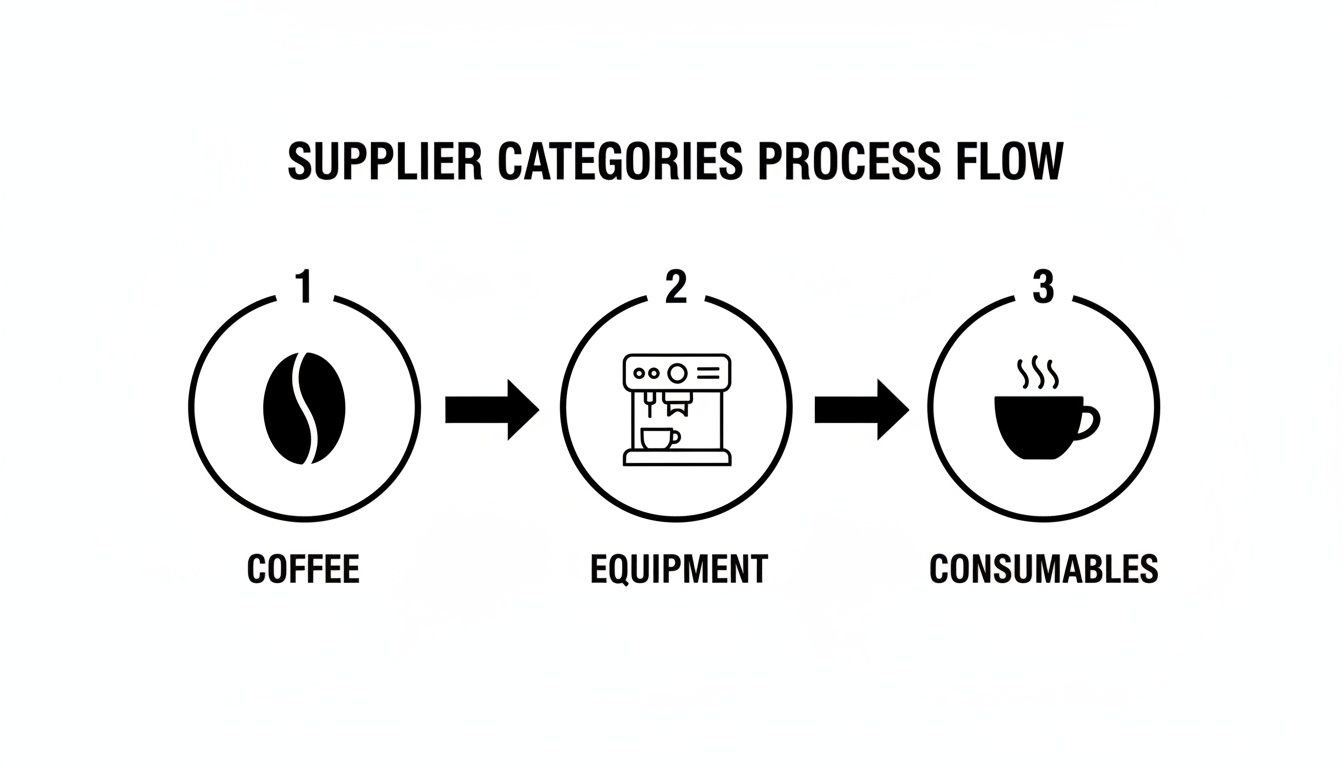 Process flow diagram illustrating coffee shop supplier categories for coffee, equipment, and consumables.