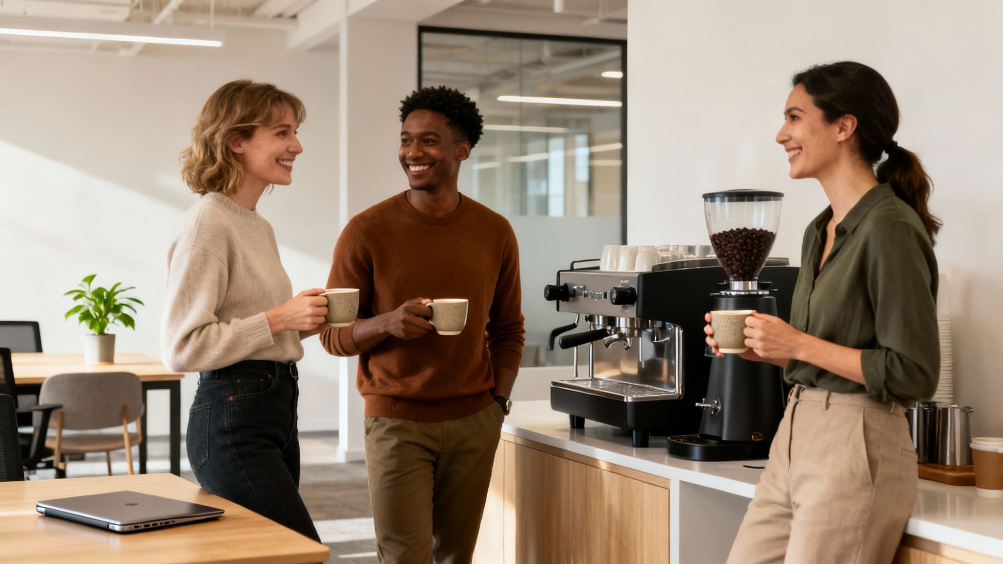 Three smiling coworkers enjoy coffee from a bean-to-cup machine in a modern office breakroom.