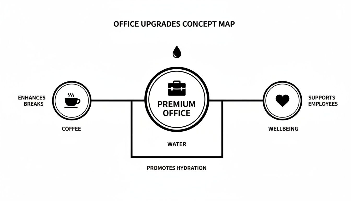Concept map about premium office upgrades, including coffee, water, and wellbeing for employees.