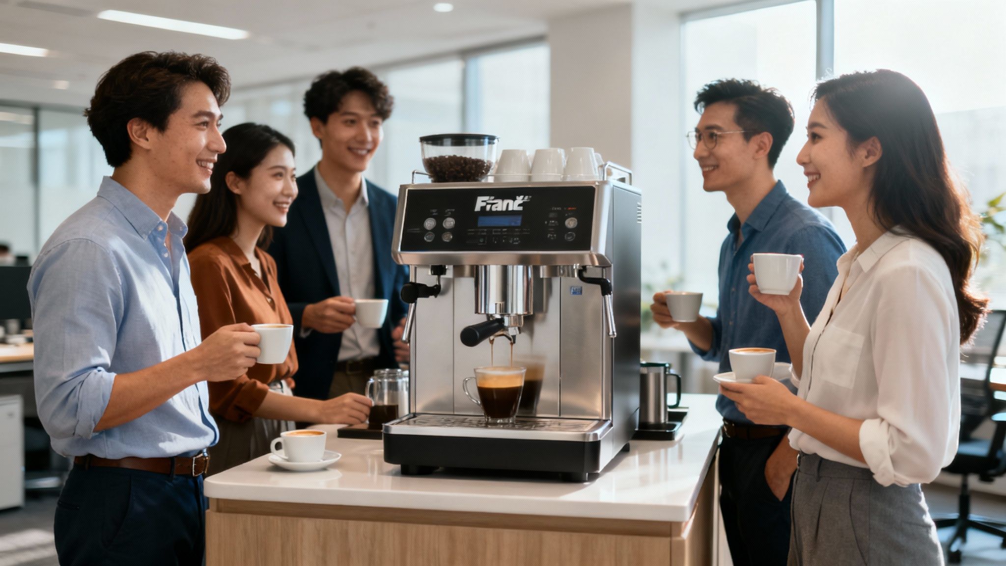 Two colleagues smiling and talking while making coffee at a modern Franke coffee machine in an office setting.