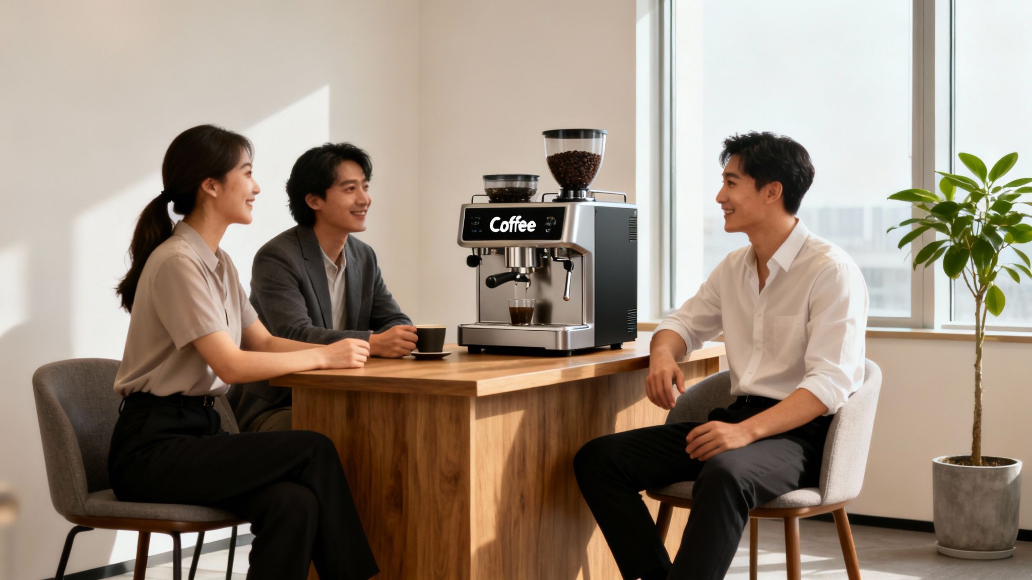 Three smiling colleagues gather around a table with a modern coffee machine in an office.