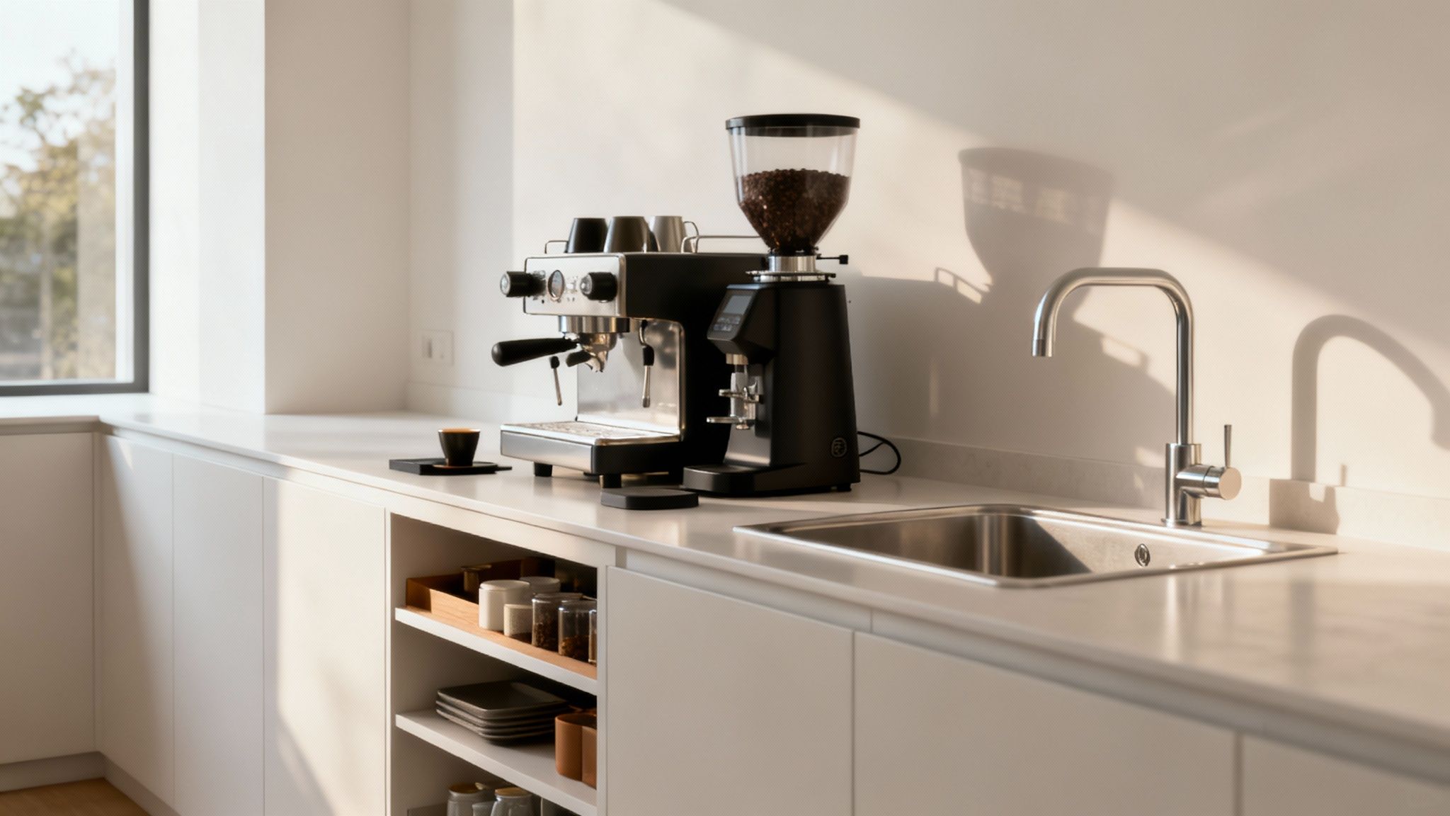 A beautifully designed home coffee corner with equipment arranged for easy access.