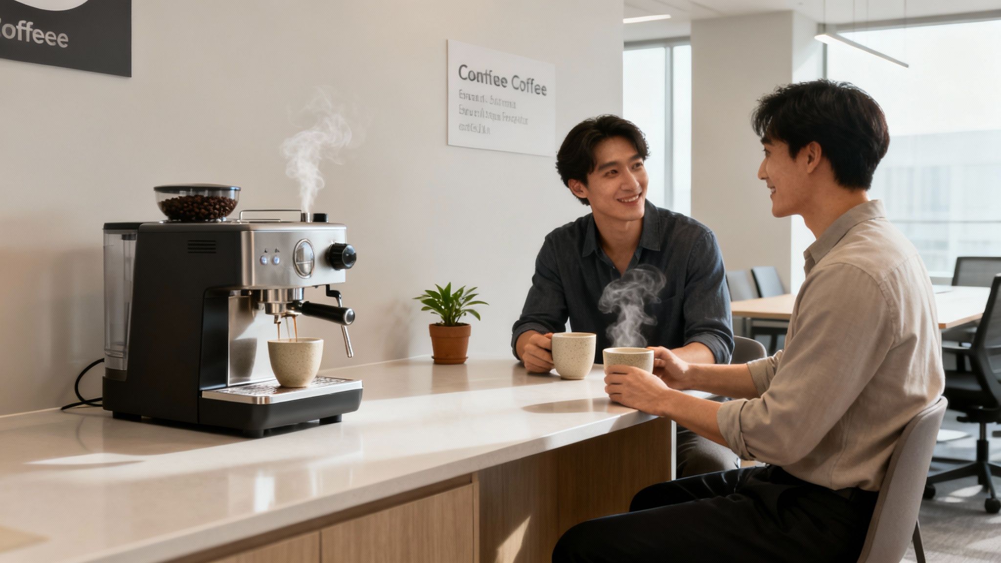 Two smiling men enjoy hot coffee made by an espresso machine in a modern office breakroom.