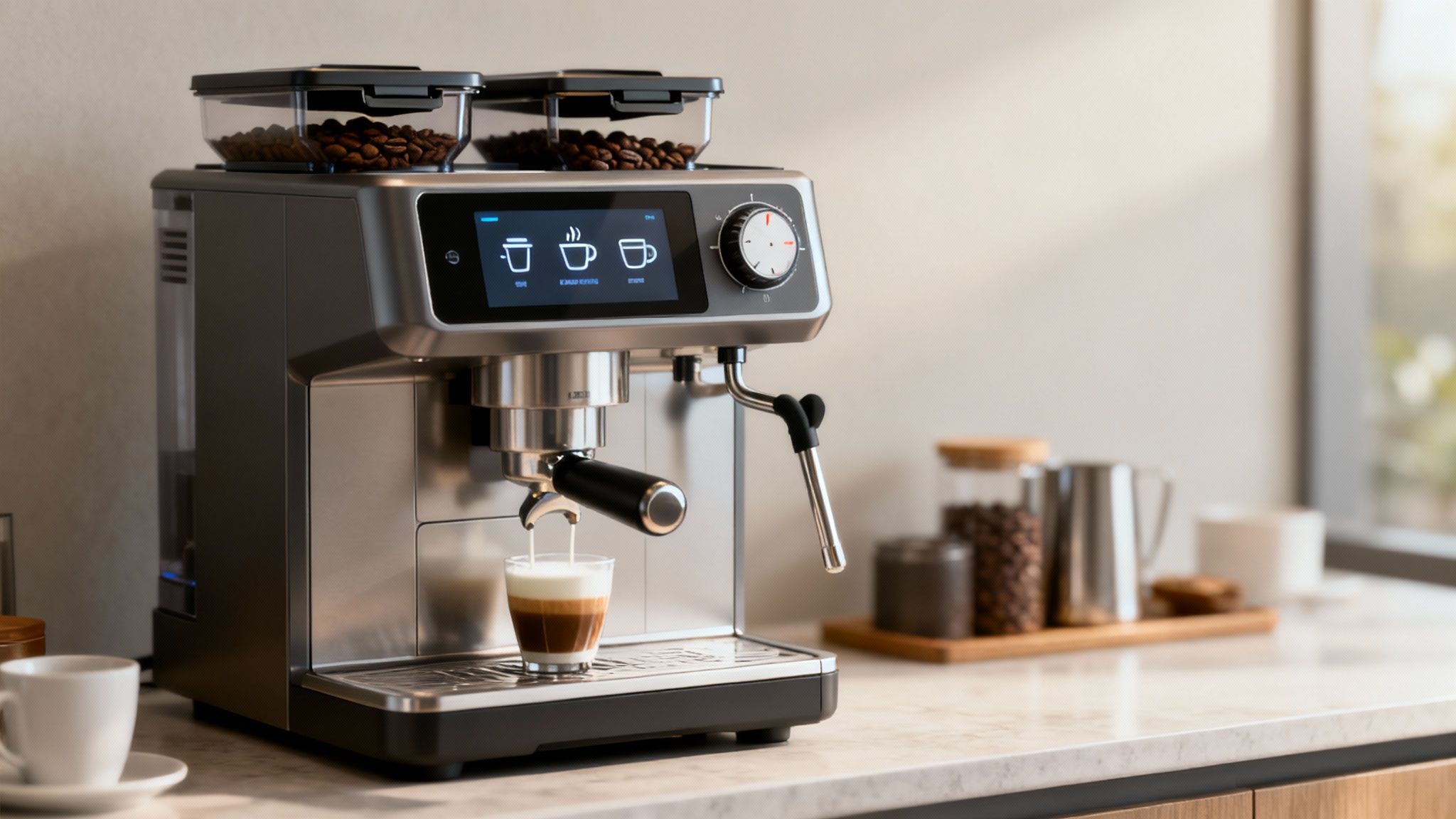 A modern office coffee machine with a sleek touchscreen interface being used by an employee.