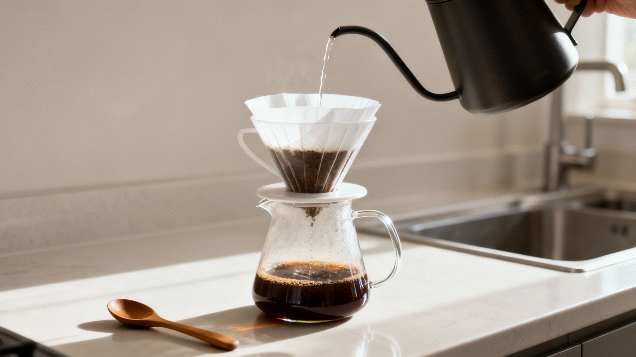 A person brewing pour-over coffee, demonstrating the art of making decaf.