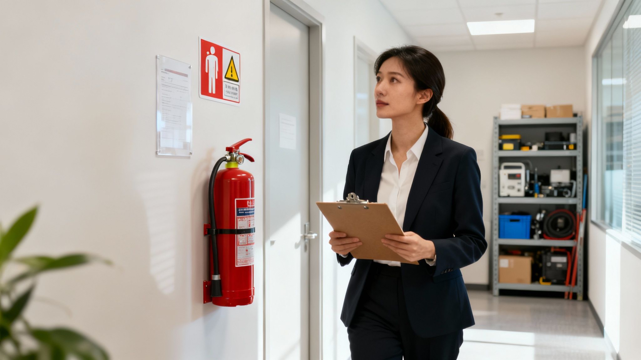 A professional woman in a suit inspects an office hallway with a fire extinguisher.