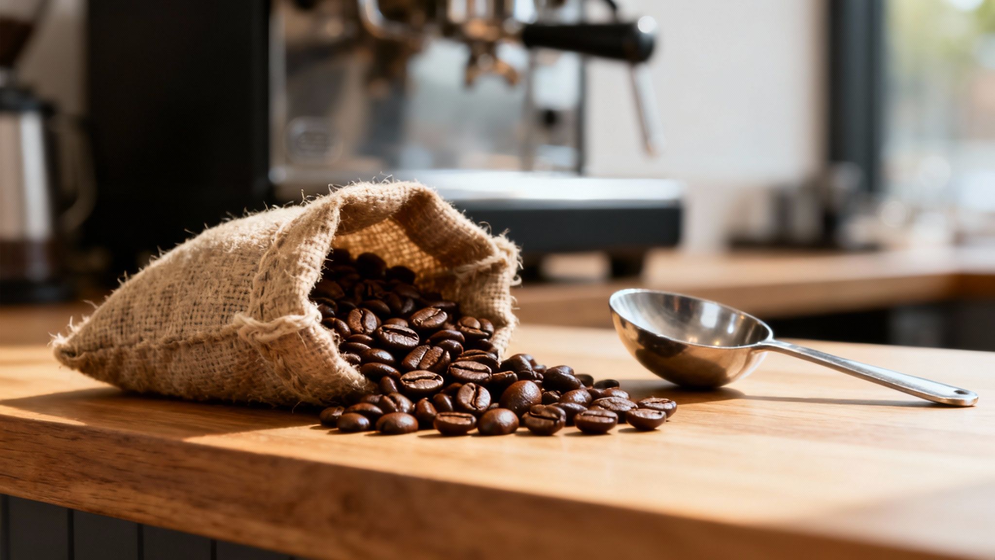 A close-up of high-quality espresso coffee beans spilling out of a hessian sack.