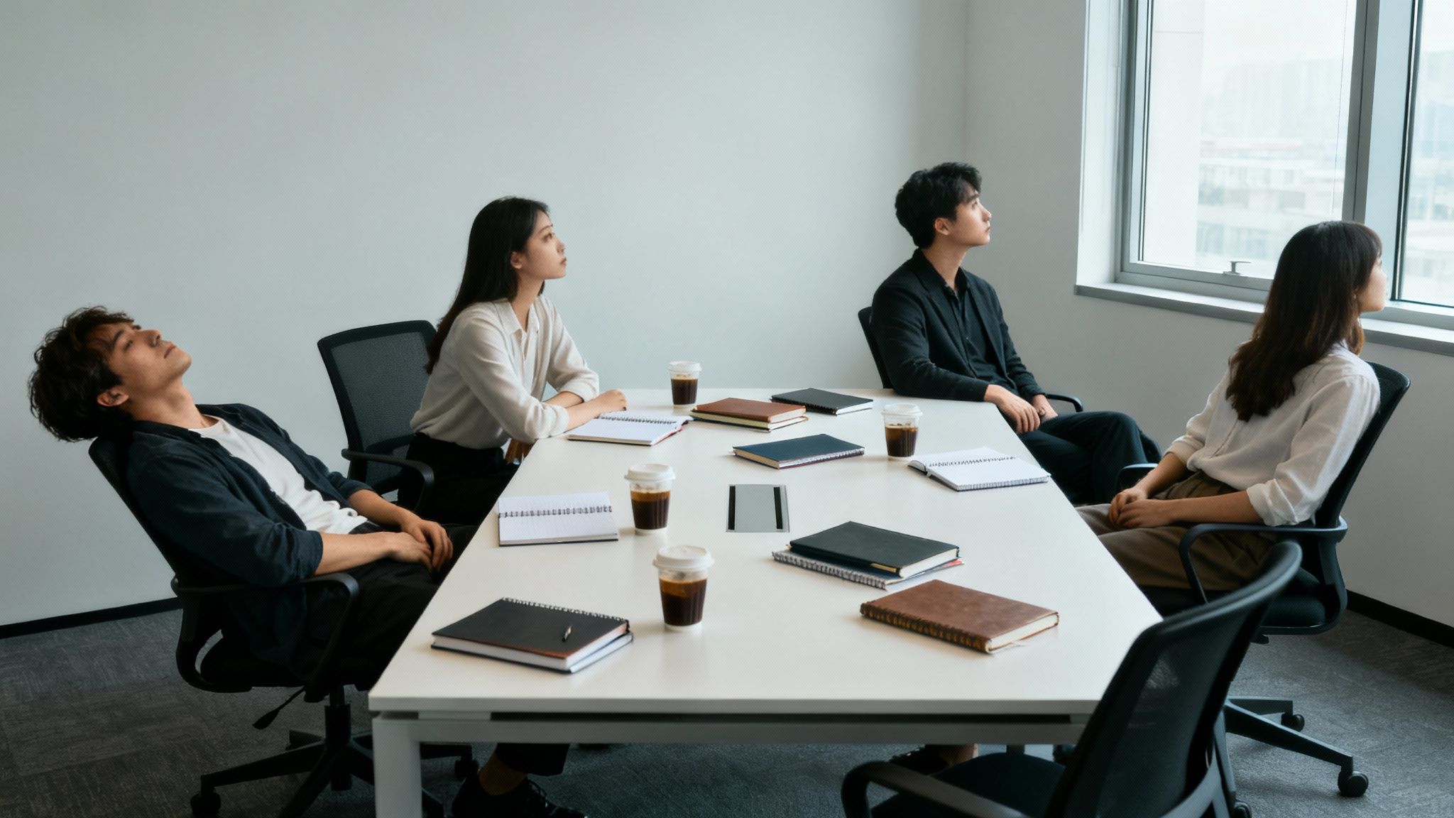 Four people in a meeting room, three looking out a window, one resting, displaying boredom.