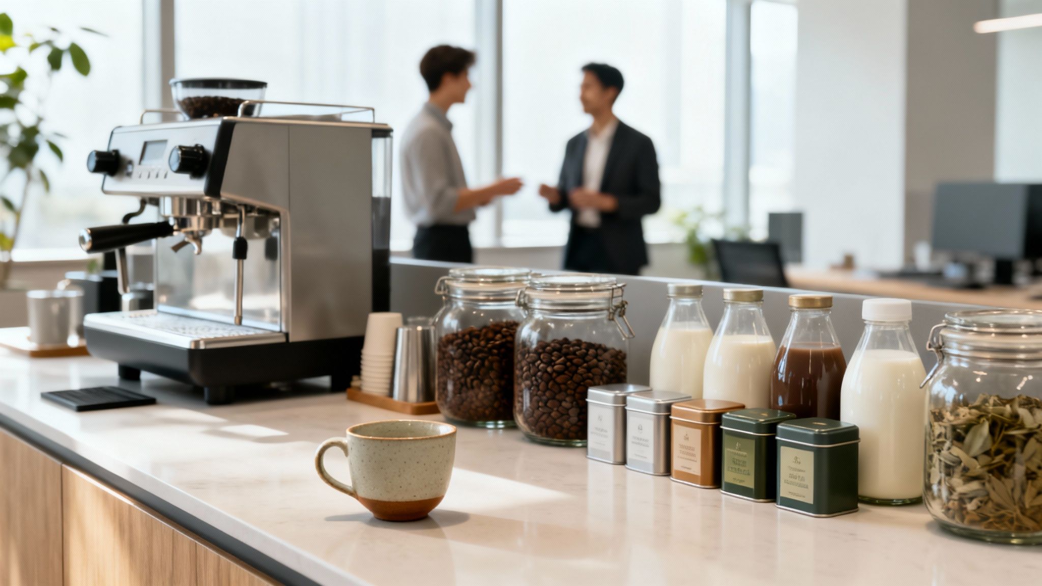 A modern office coffee station with an espresso machine, coffee beans, milk, and tea.
