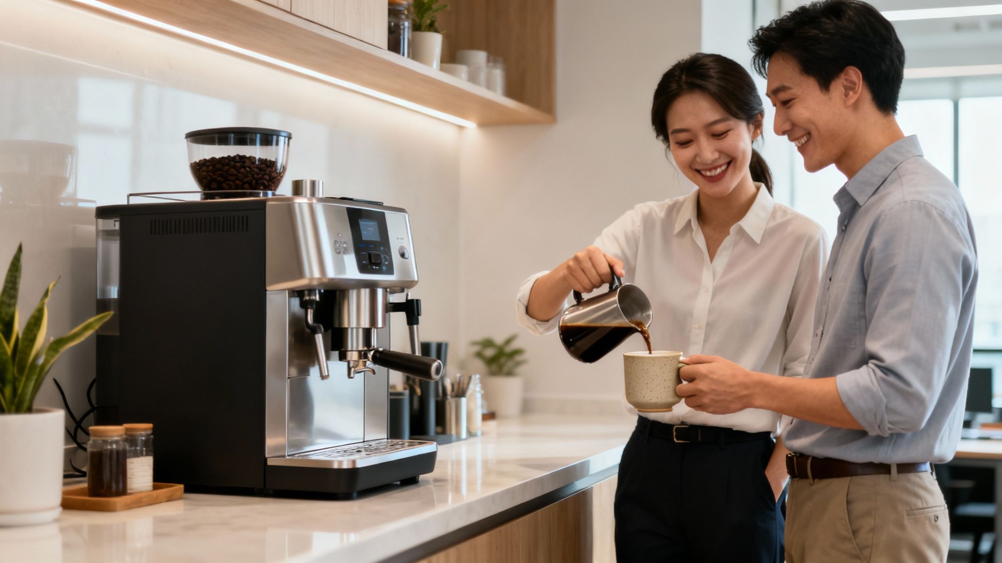 Smiling colleagues in an office kitchen, pouring freshly brewed coffee from a pitcher into a mug.