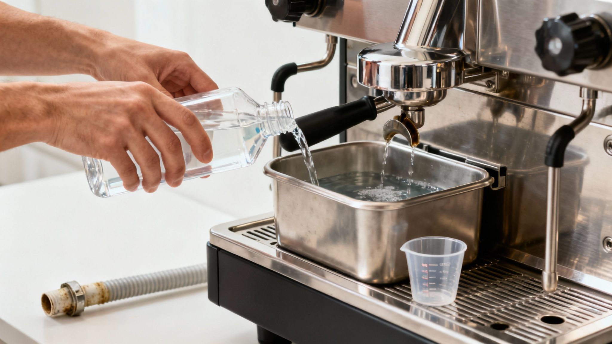 A person pouring water into an espresso machine's drip tray as part of cleaning.
