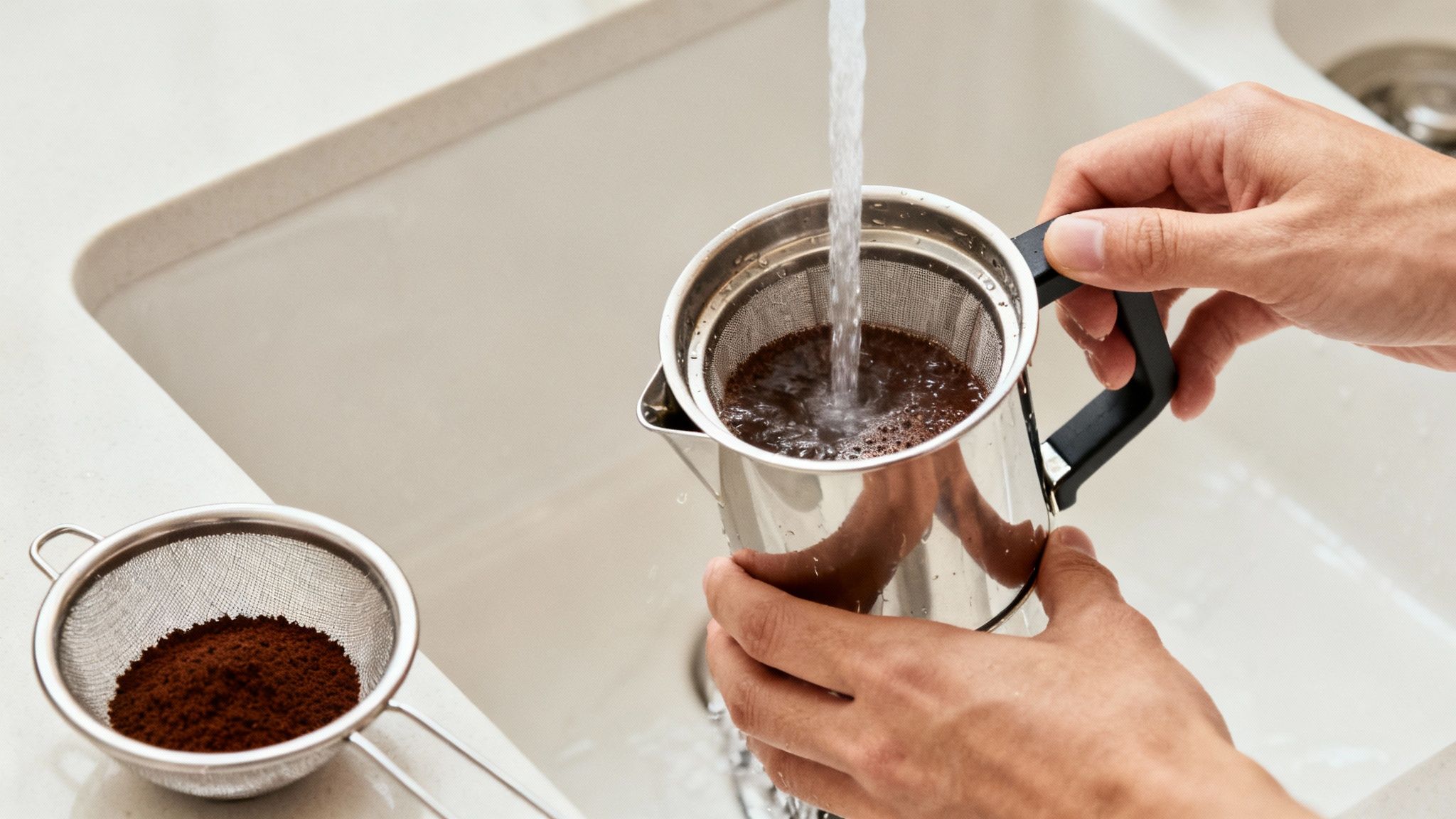 A person carefully cleaning a cafetiere plunger and filter mesh over a sink.