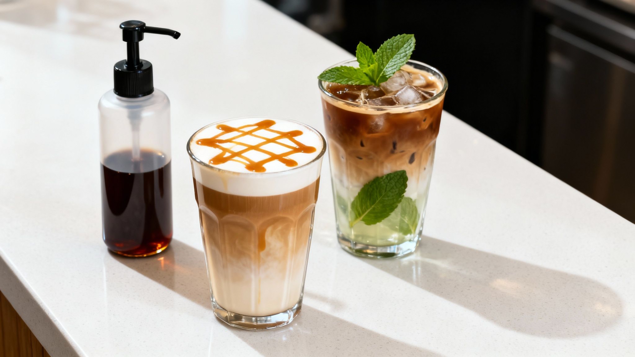 Two refreshing iced coffee drinks, a caramel latte and a mint mocha, with a syrup dispenser.