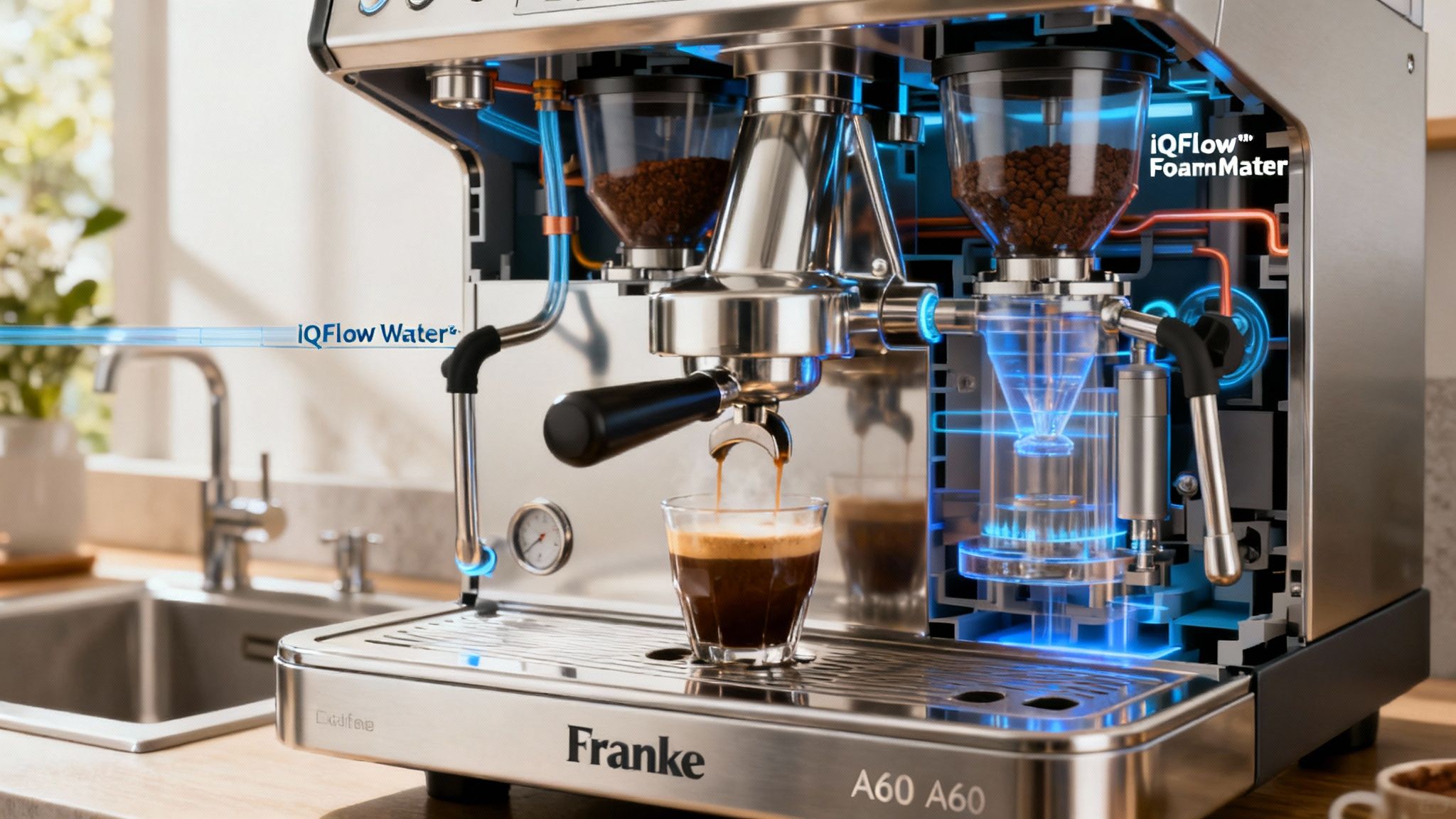 A close-up of the Franke A600's touchscreen, displaying a rich coffee menu.