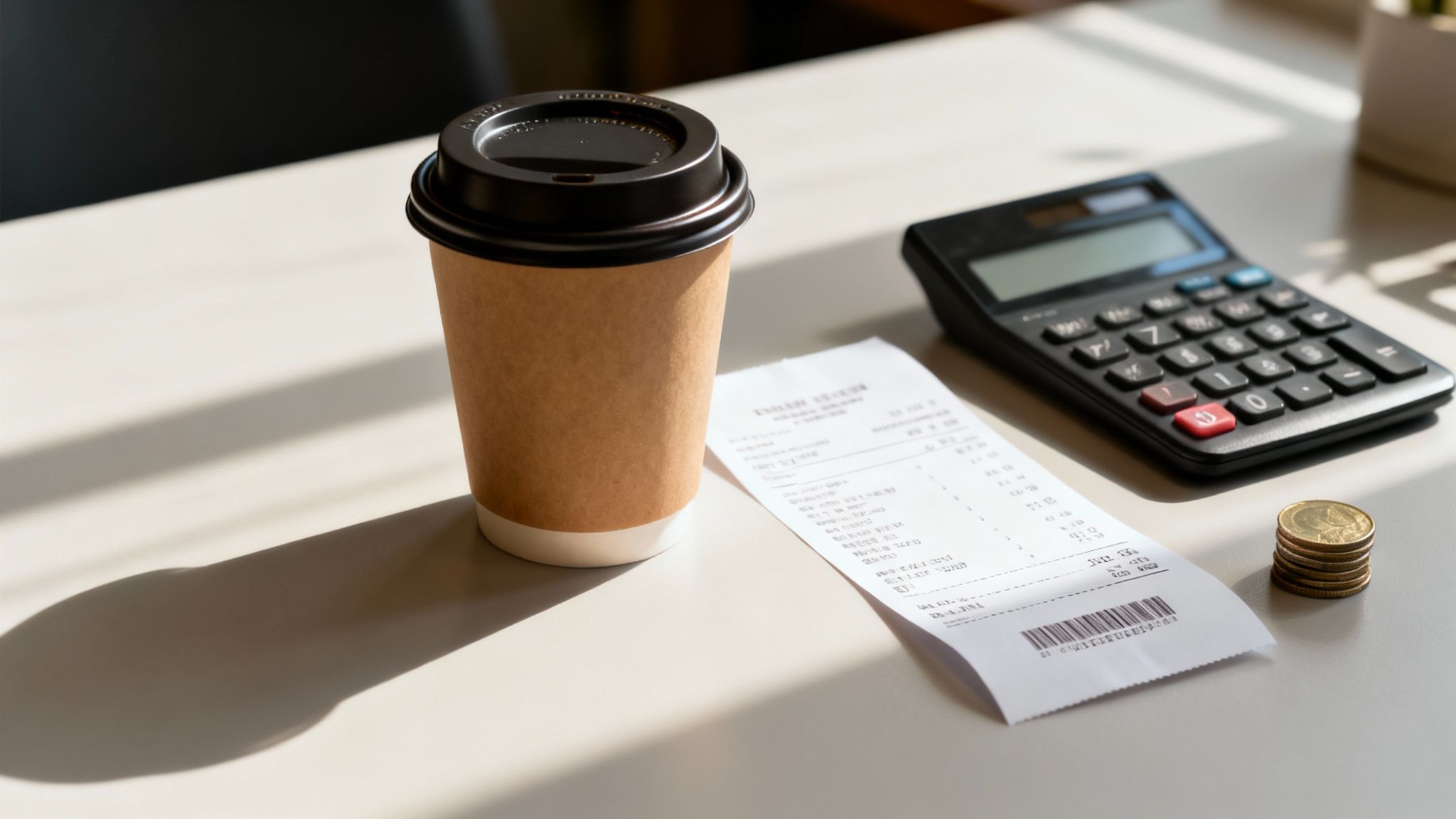 Disposable coffee cup, paper receipt, calculator, and a stack of coins on a sunlit table.