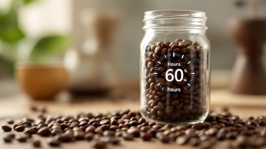 A close-up shot of a hand scooping up green, unroasted coffee beans.