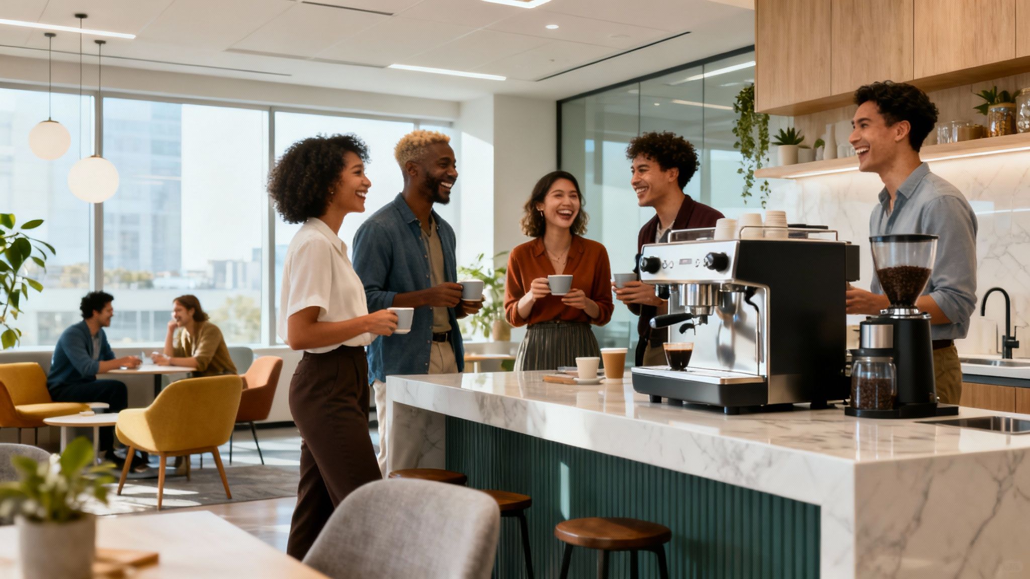 A modern office coffee machine being used by an employee.