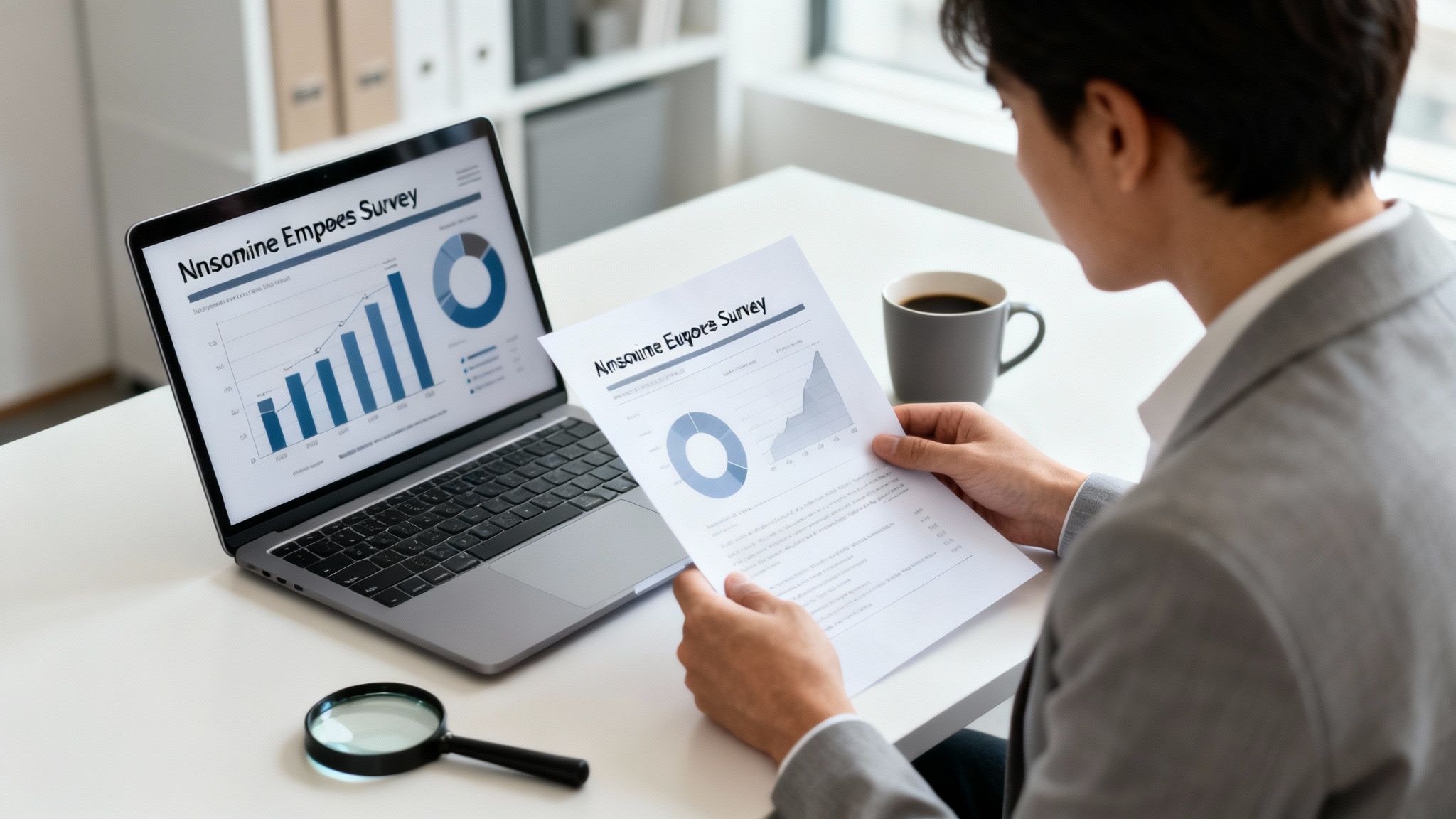Man analyzing employee survey data on a laptop and paper document with charts and graphs.