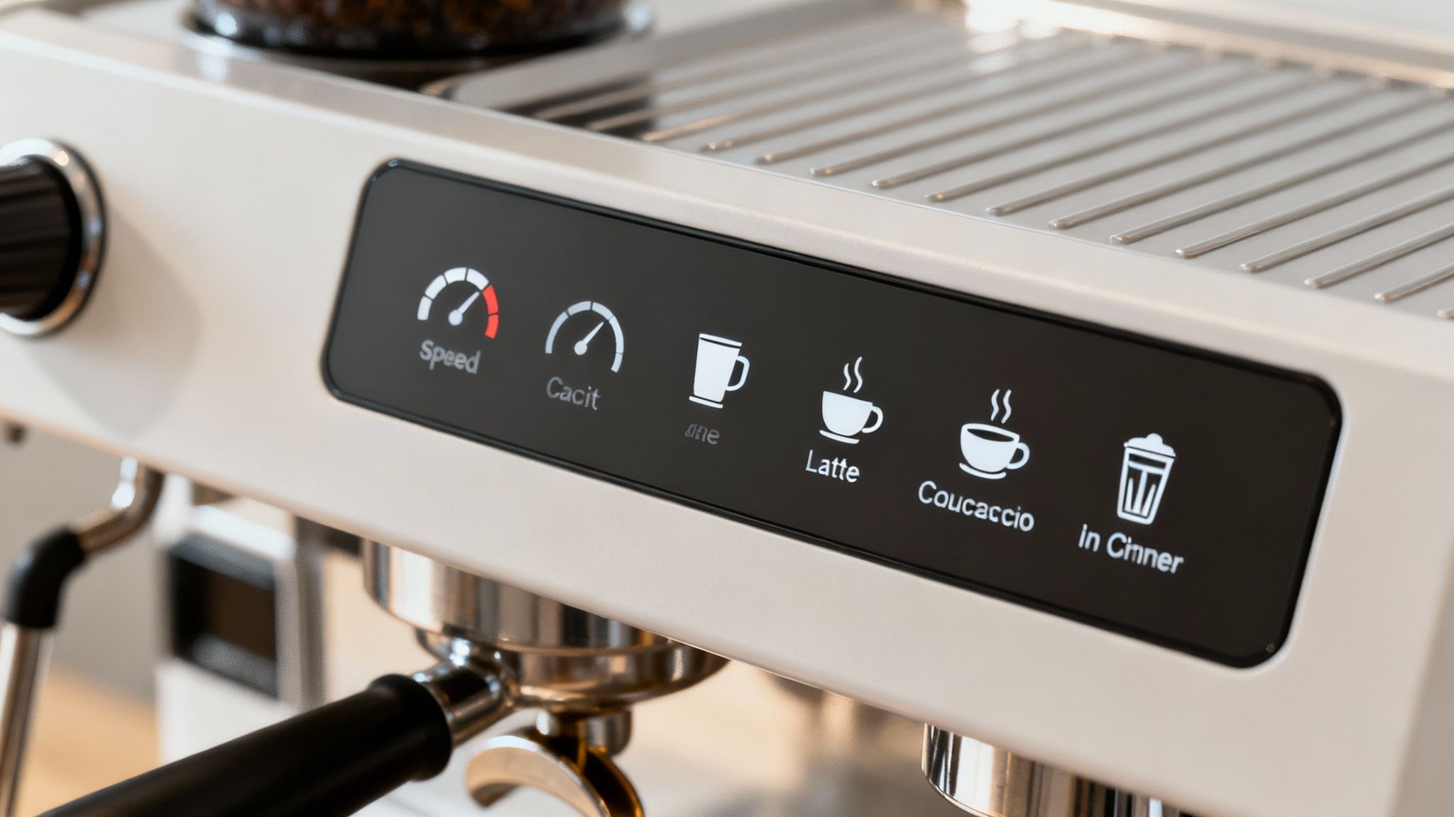 A close-up of a high-end office coffee brewer with a touchscreen display and shiny chrome details.