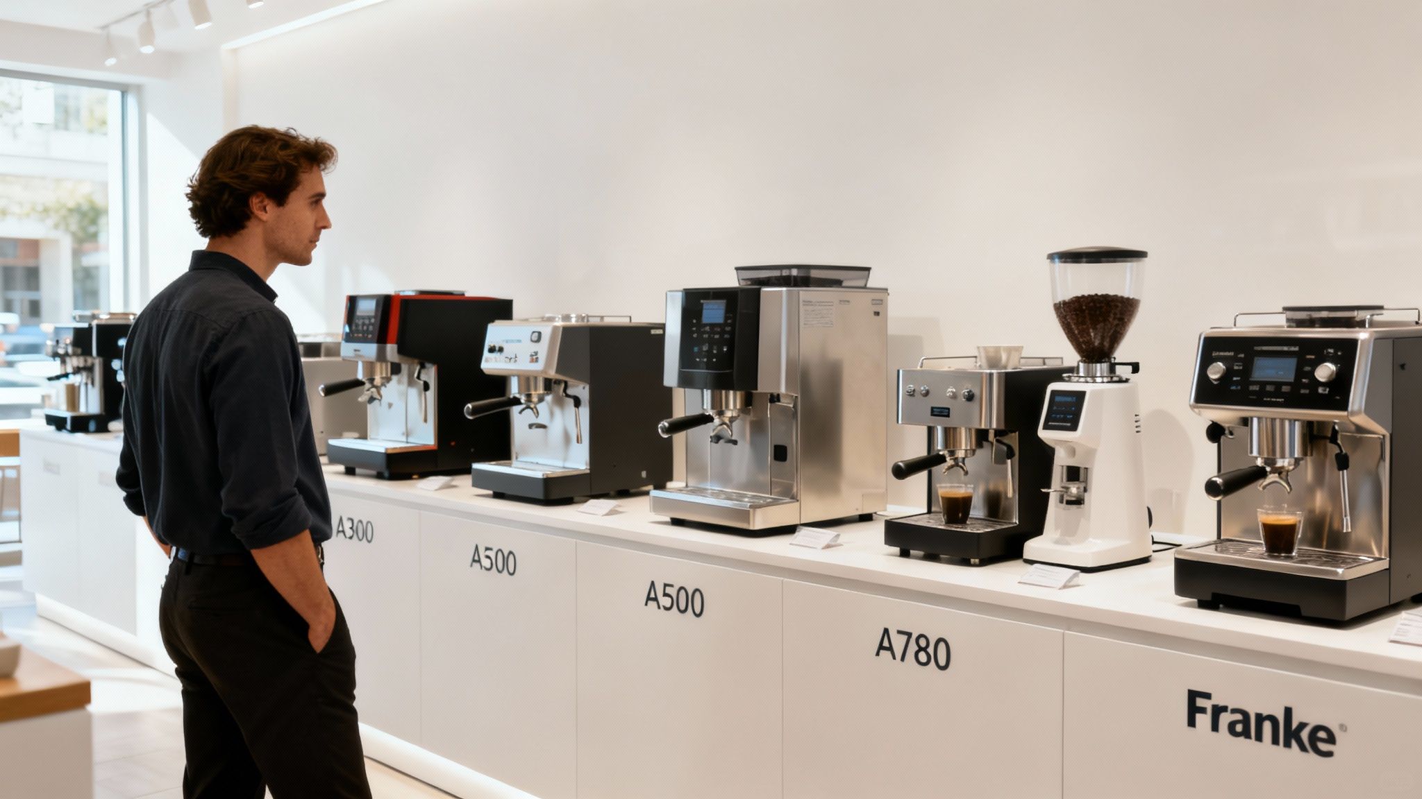 A Franke A-Line coffee machine being used in a busy, modern office canteen setting.