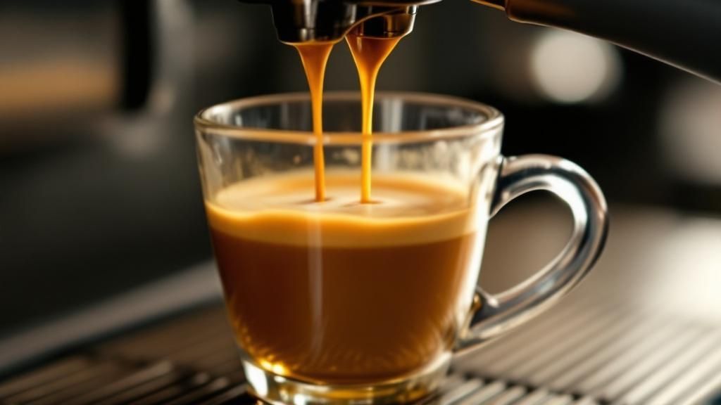 A close-up of a rich, syrupy espresso shot being pulled from a portafilter into a cup.