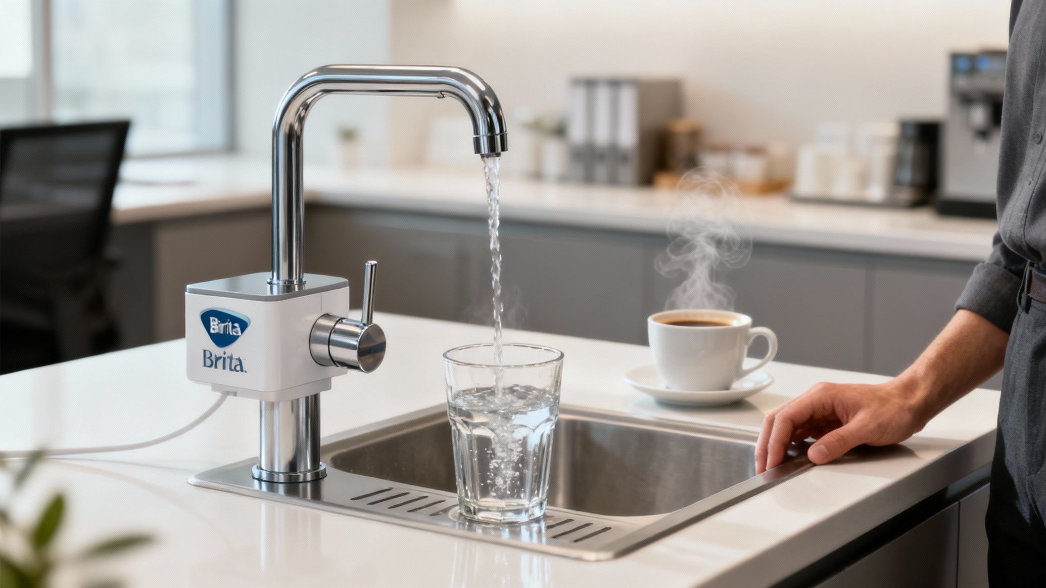 A modern office kitchen with a sleek, integrated Brita water tap system.