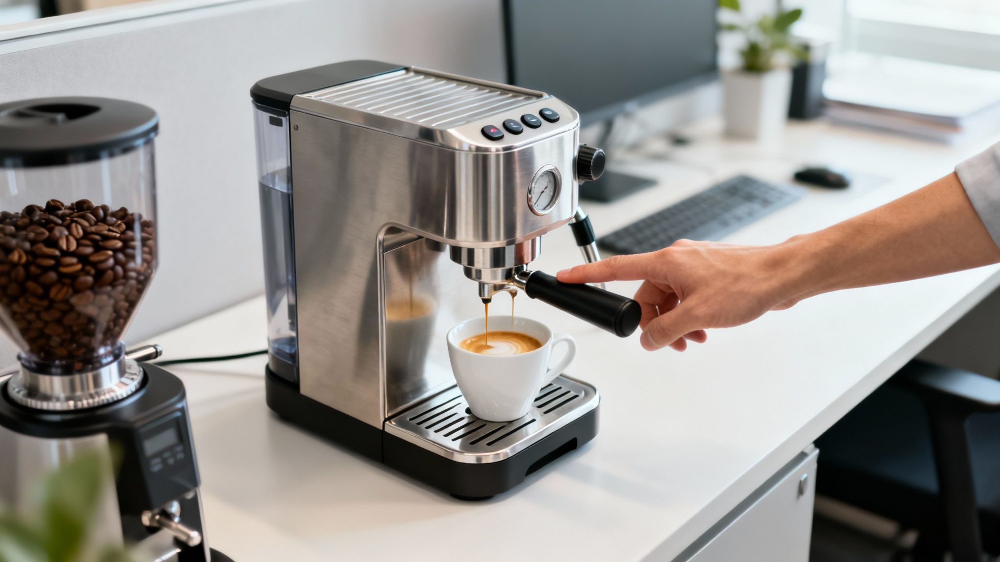 A person's hand operates an espresso machine, making coffee in a white cup, with coffee beans in a grinder nearby.
