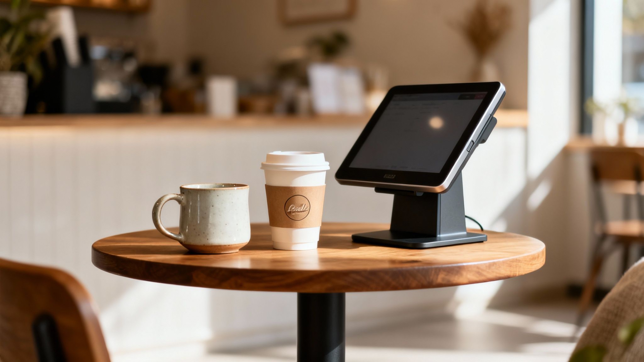 A cozy coffee shop setting with a ceramic mug, a disposable coffee cup, and a modern POS system on a wooden table.