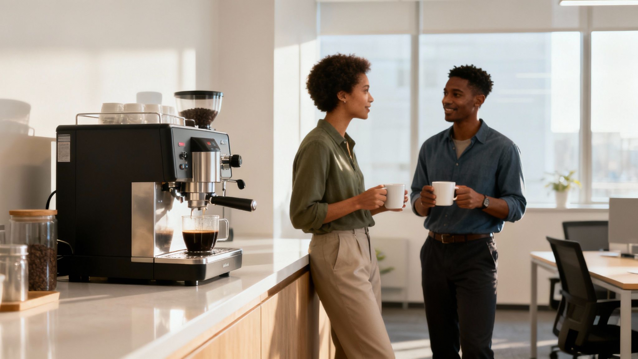 Two colleagues smiling and talking while making coffee in a modern office kitchen