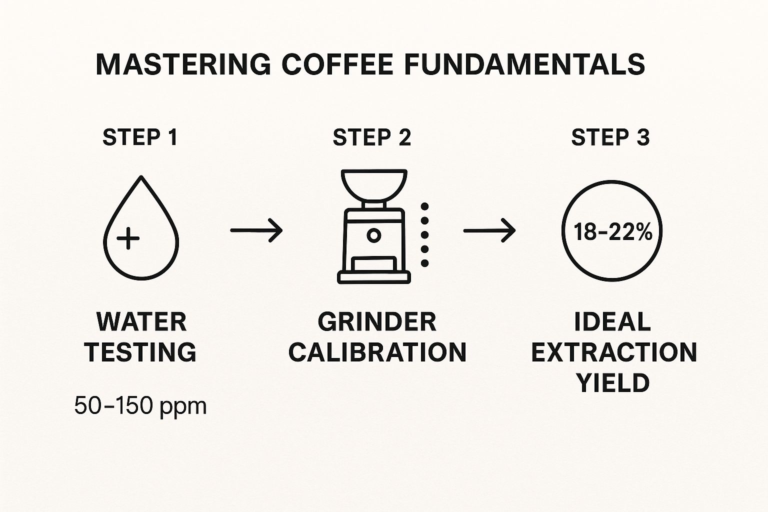Infographic showing the process flow for mastering coffee fundamentals, from water testing to grinder calibration and ideal extraction yield.