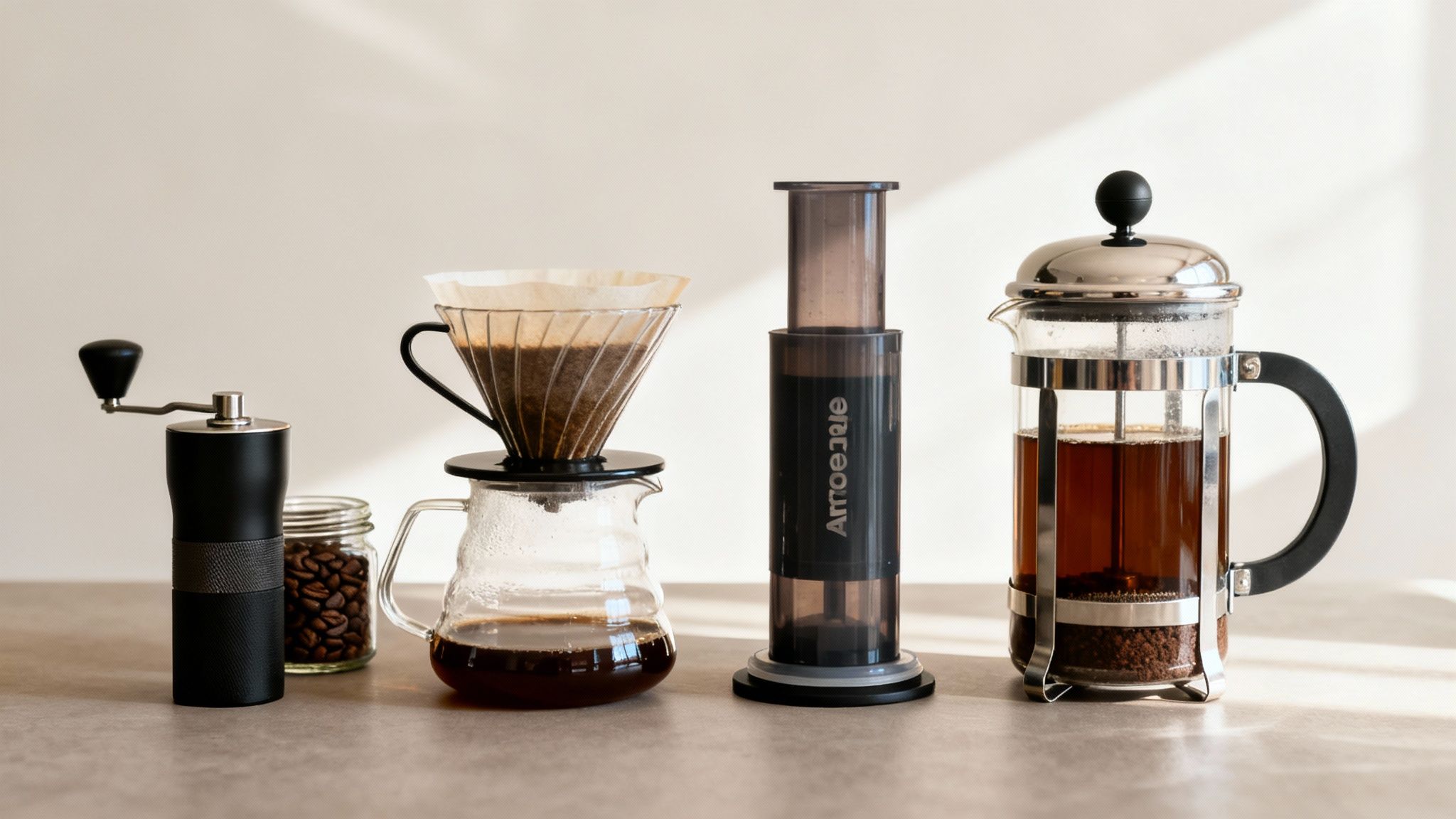 Manual coffee grinder, pour over dripper, AeroPress, and French press for brewing specialty coffee at home