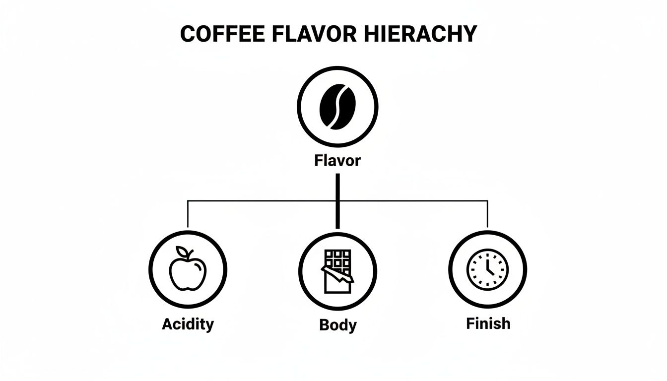 A diagram illustrating the coffee flavor hierarchy, detailing how flavor branches into acidity, body, and finish.