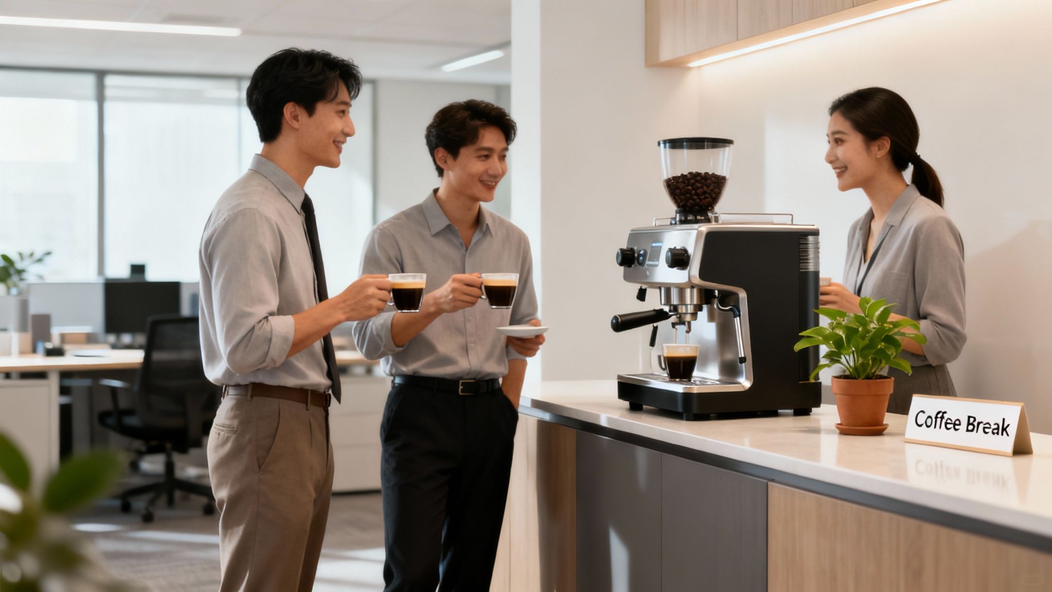 Three smiling office workers enjoying a coffee break by an espresso machine in a modern office.
