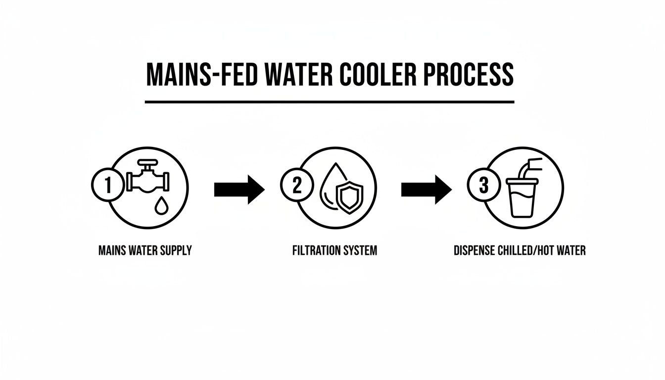 Diagram illustrating the three-step mains-fed water cooler process: supply, filtration, and dispensing.