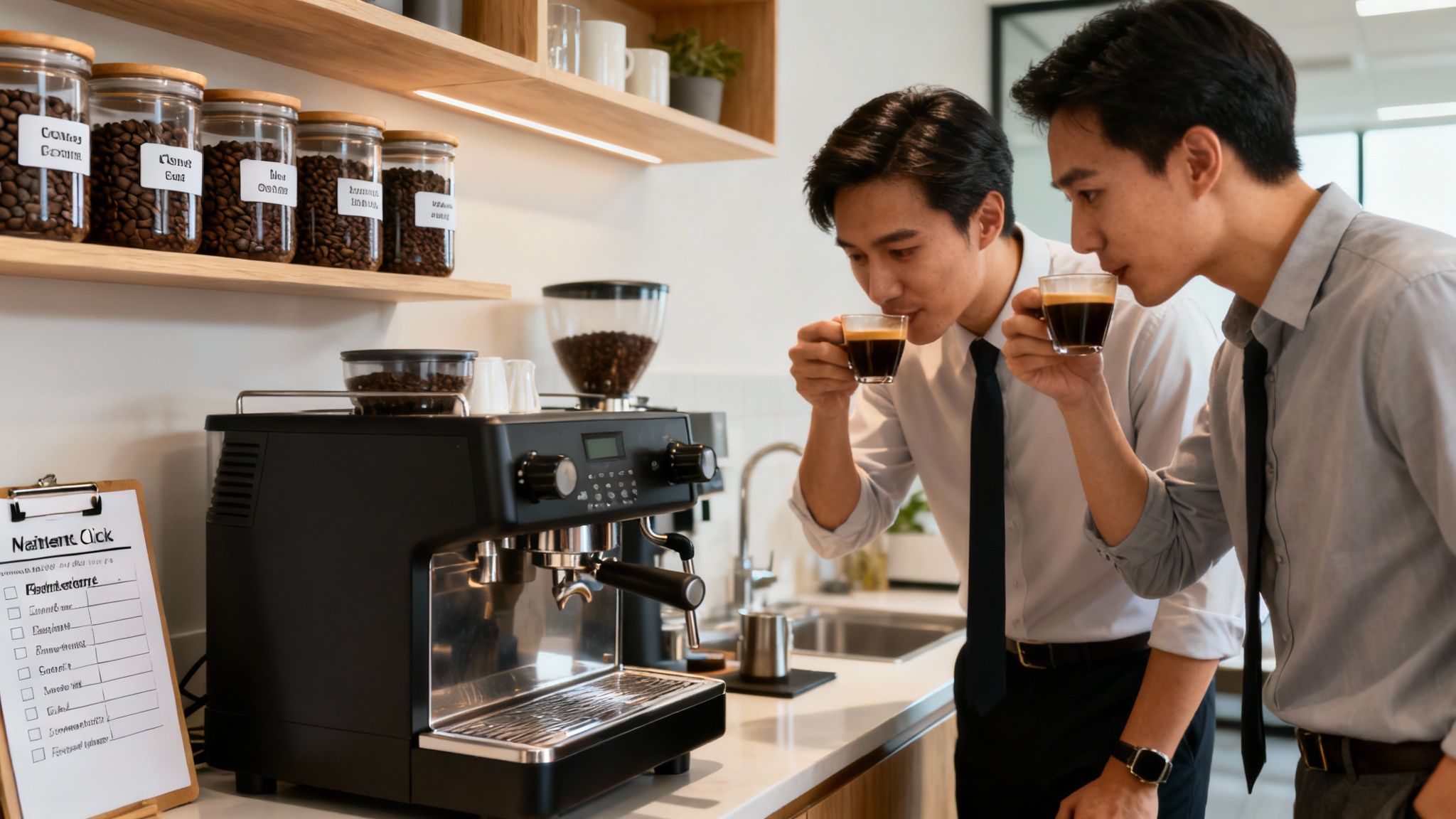 Two Asian men in business attire smelling coffee next to an espresso machine and coffee bean jars.