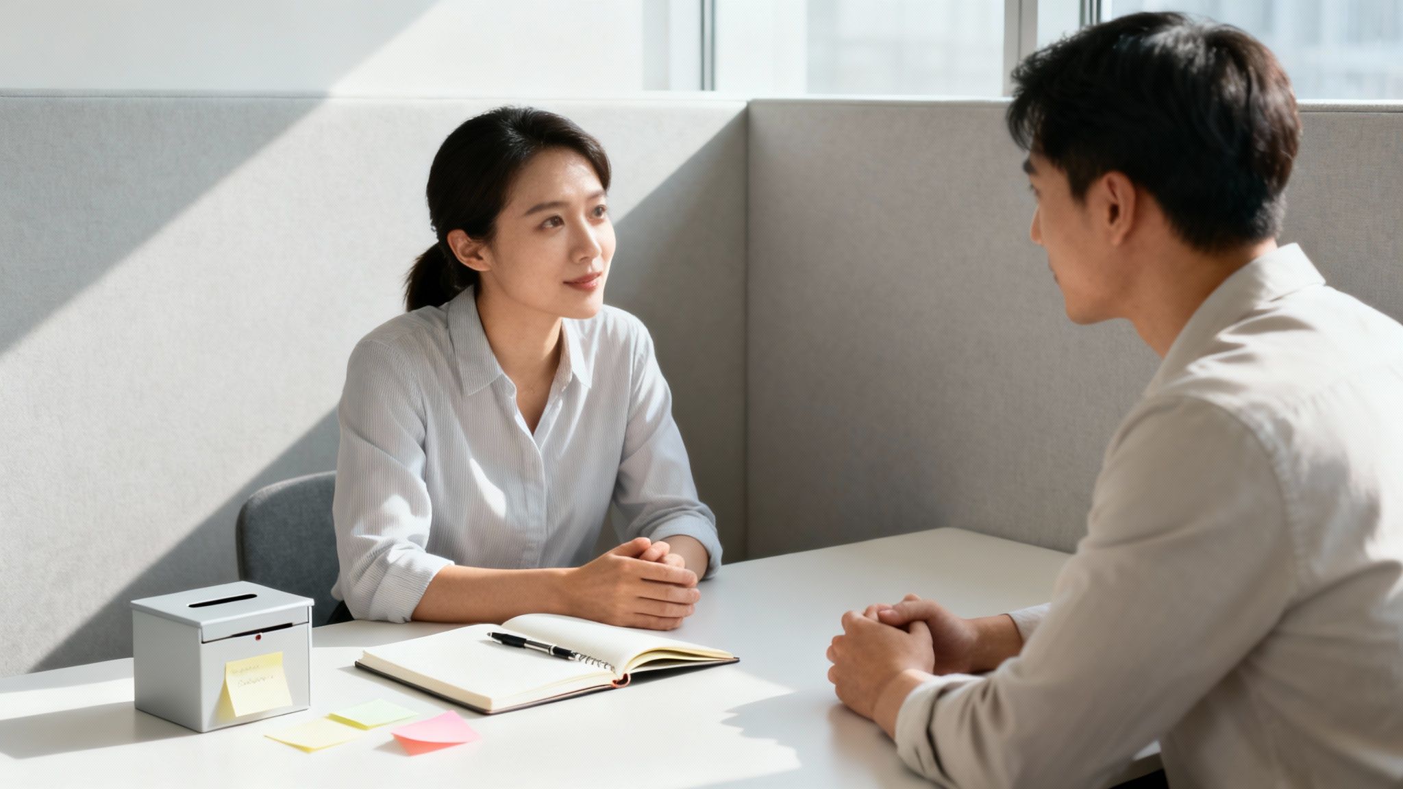 Two Asian professionals, a woman and a man, engaged in a conversation at a bright office desk with notes.