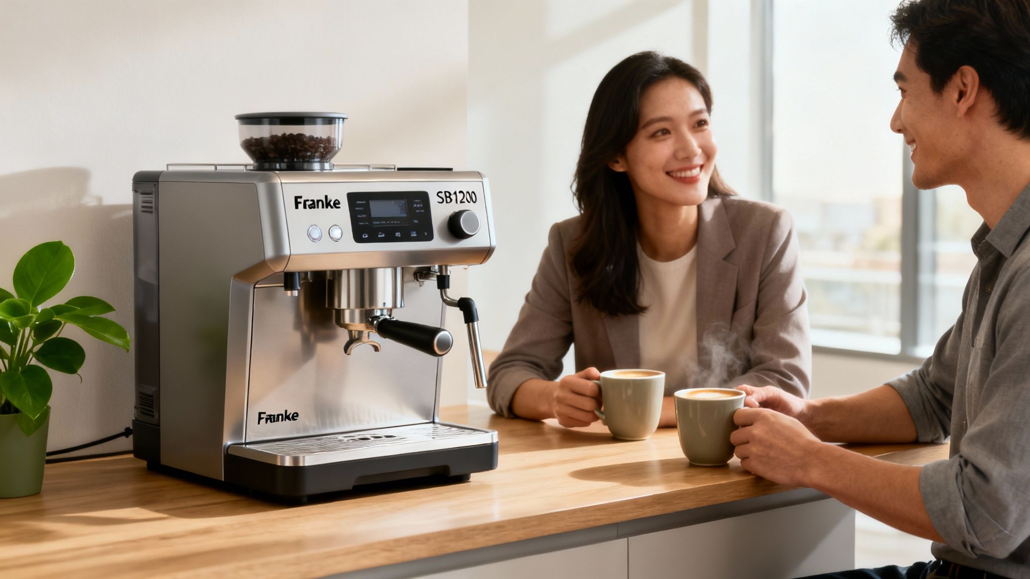 A modern office kitchen featuring the Franke SB1200 coffee machine, with employees enjoying freshly made coffee.