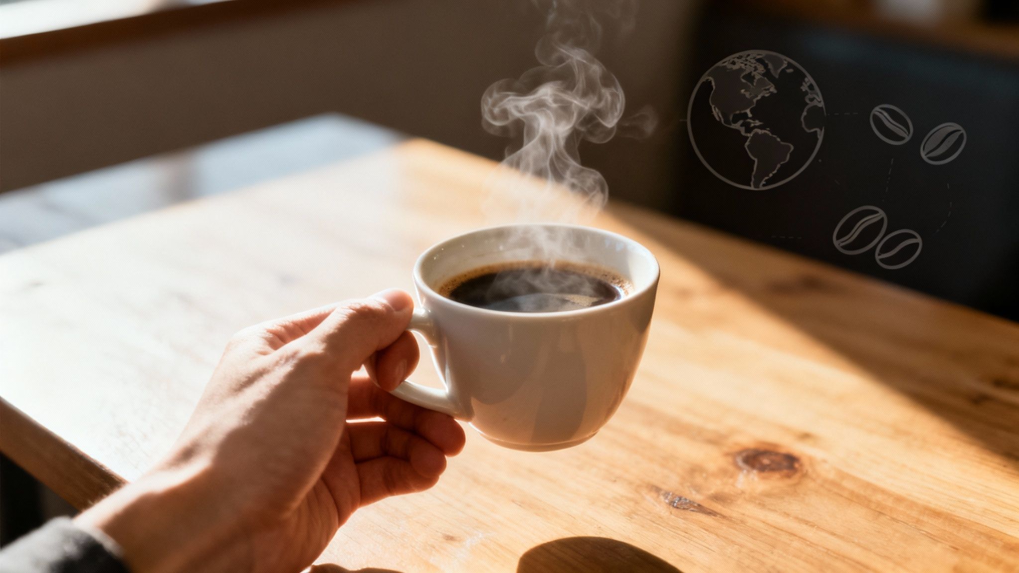A hand scooping roasted coffee beans from a large sack
