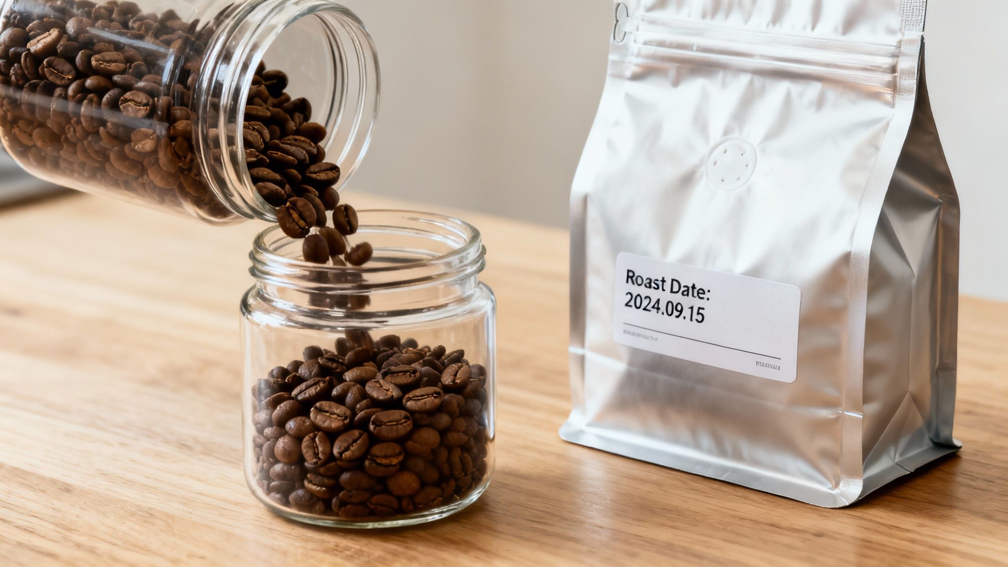 Coffee beans are poured from a glass jar into another, beside a silver coffee bag with a roast date label.