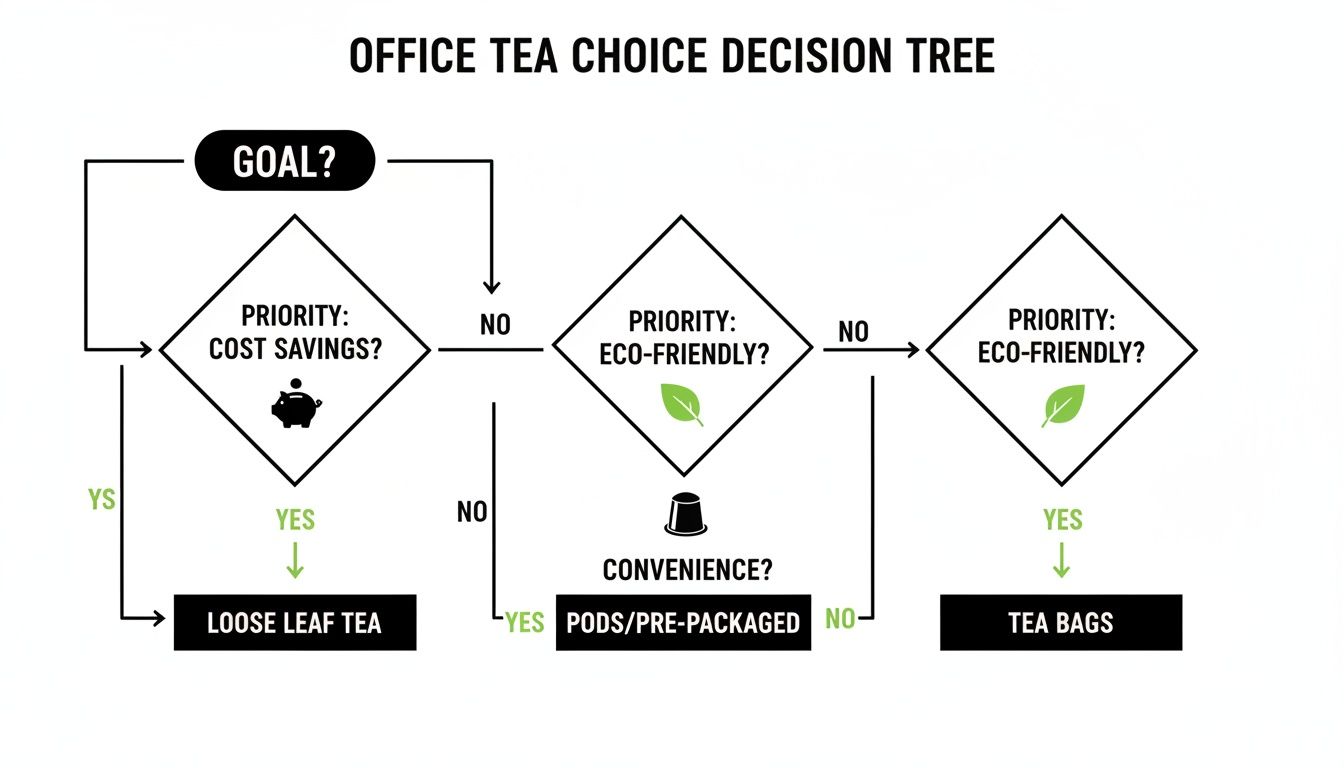 A flowchart decision tree for office tea choice, prioritizing cost savings, eco-friendliness, and convenience.
