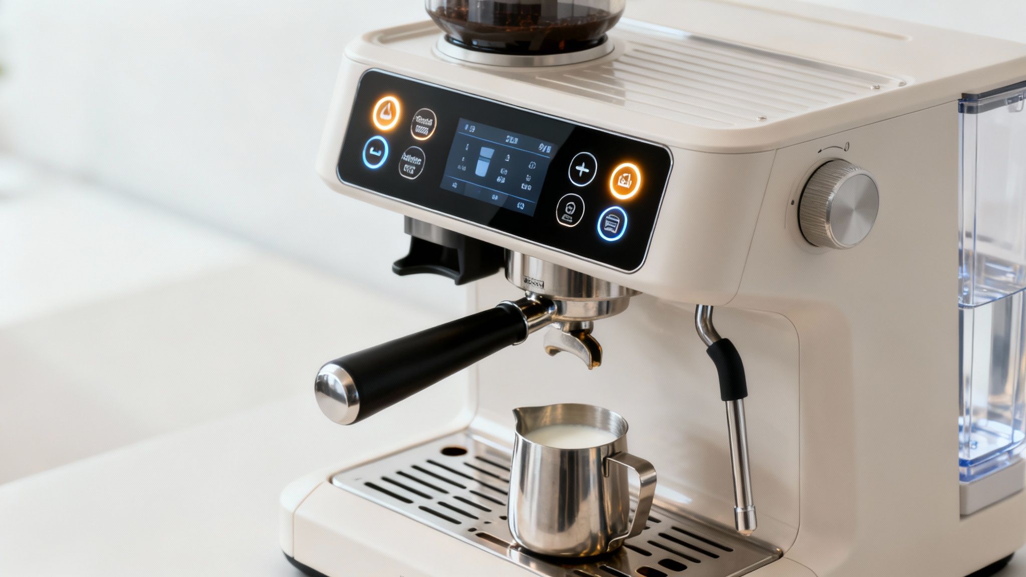 A close-up of a modern office coffee machine with a sleek touchscreen interface.