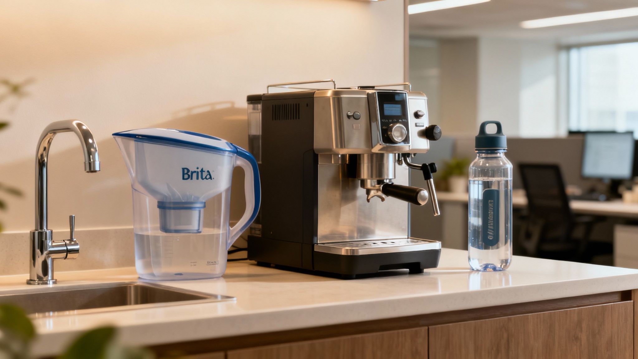A team member smiling while filling a reusable water bottle from a Brita tap in a modern office break room.