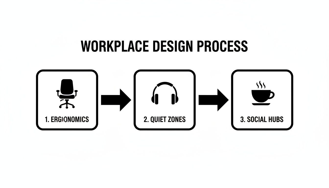 Diagram illustrating the three steps of the workplace design process: ergonomics, quiet zones, and social hubs.