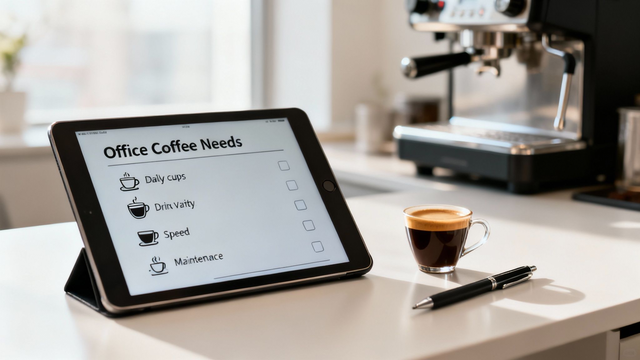 A tablet displays an 'Office Coffee Needs' checklist next to a cup of coffee and a pen.