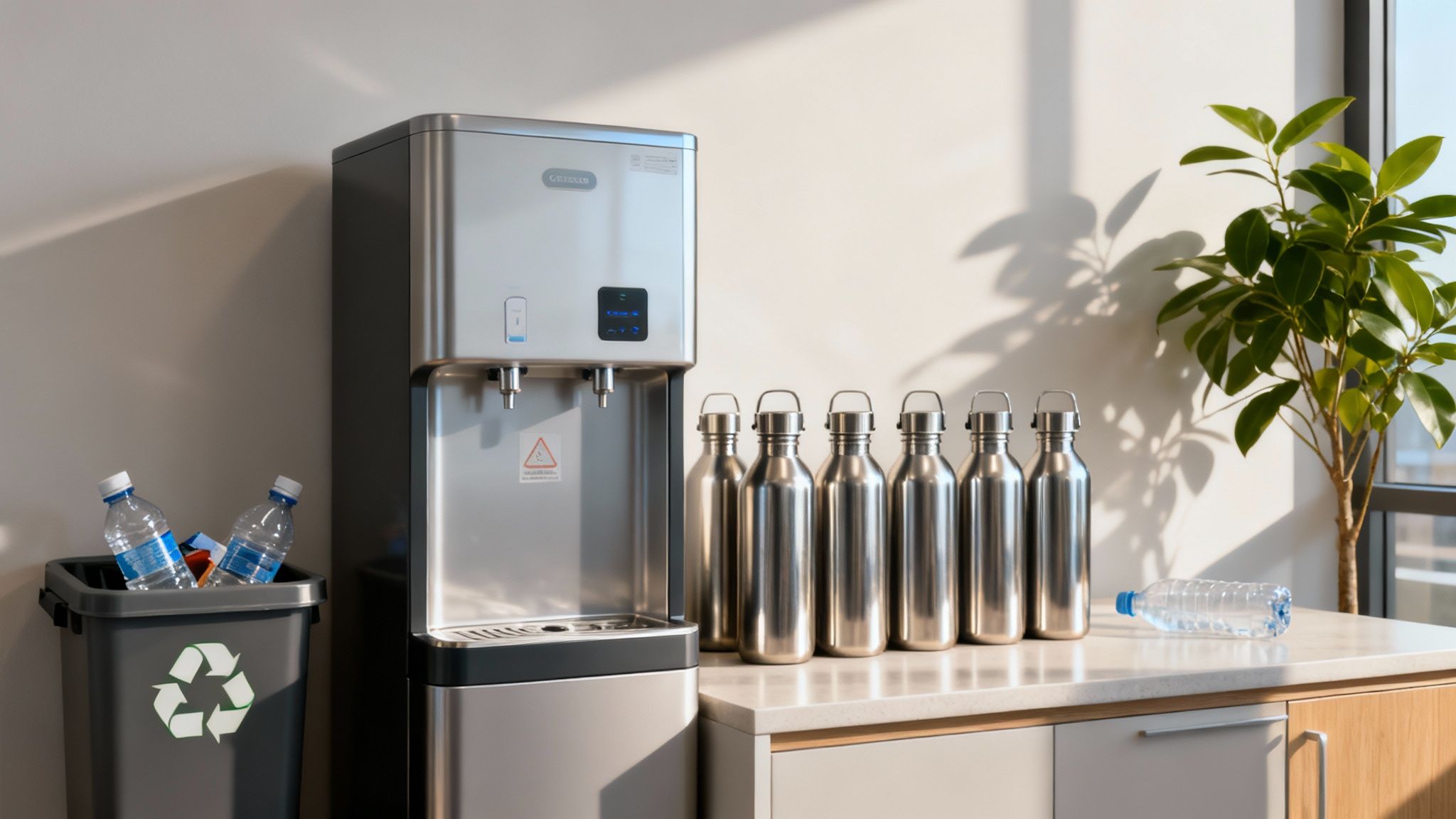 Two people's hands clinking reusable water bottles together in a modern, plant-filled office.
