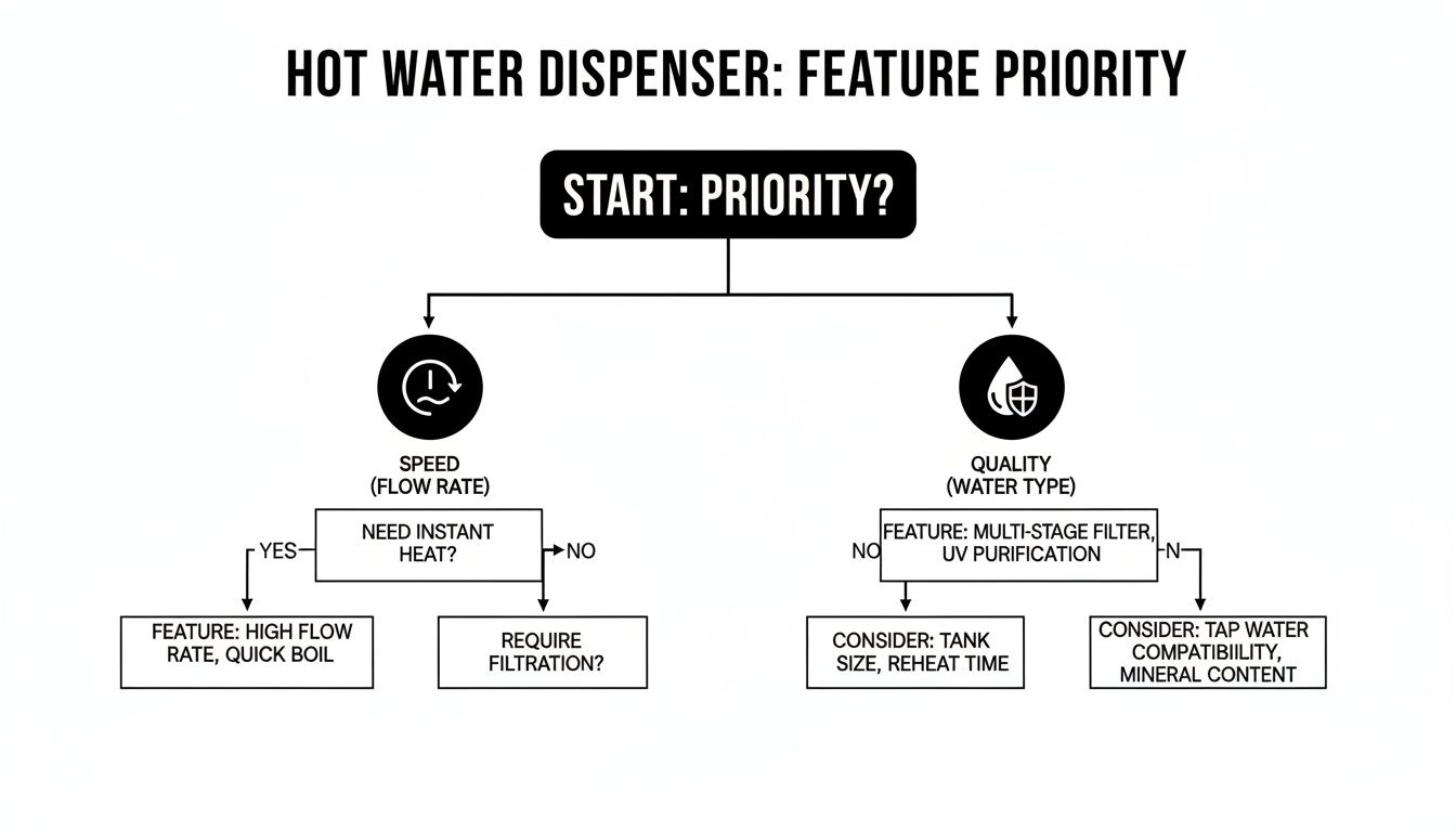 A flowchart detailing hot water dispenser feature priority, guiding choices based on speed or water quality.