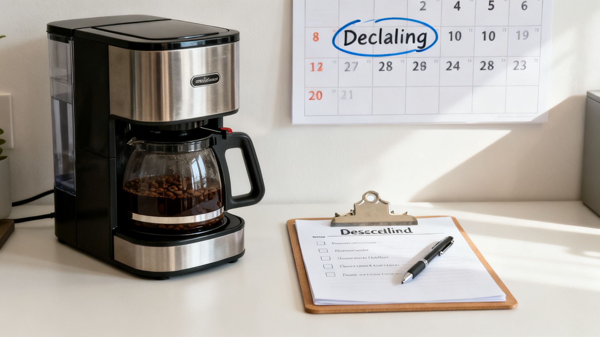 A coffee machine on a white counter next to a calendar with 'Declaling' circled and a checklist.
