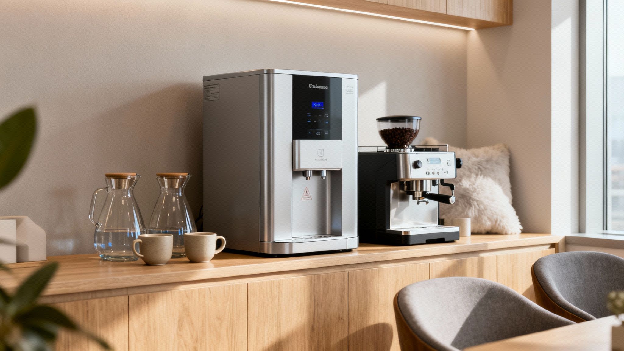 A sleek water cooler and espresso machine on a wooden counter in a bright office breakroom.