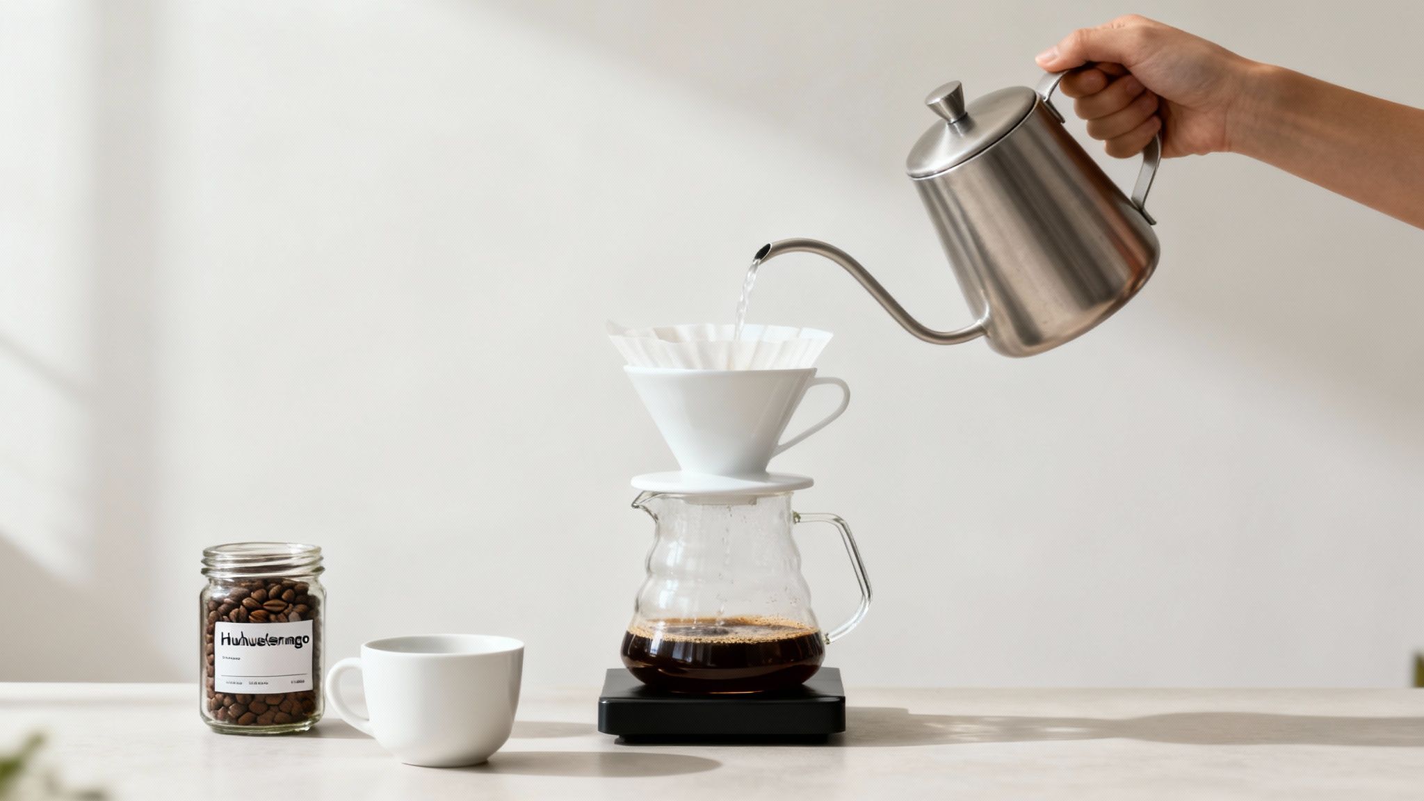 A person carefully preparing pour-over coffee, highlighting the brewing process