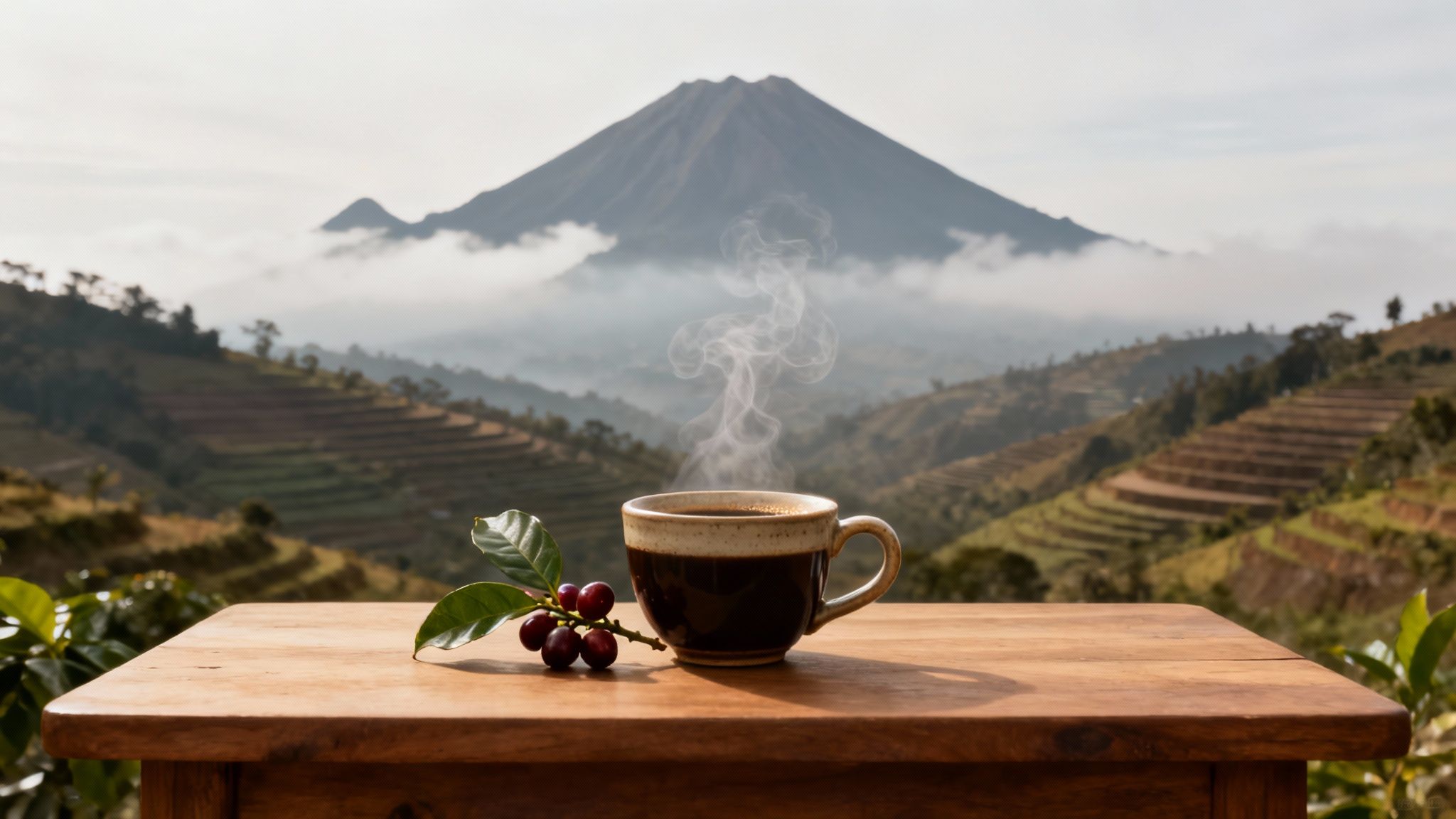 Lush Guatemalan coffee farm with volcanic peaks in the background